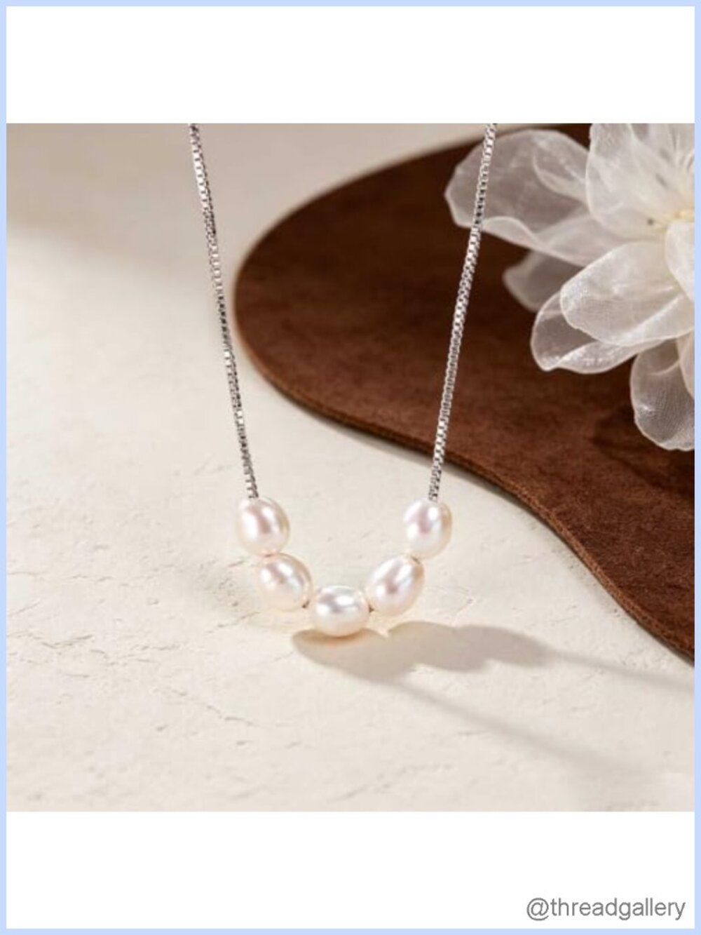 Rice Pearl Necklace Five Natural Oval Freshwater Pearls Ultra Thin Silver Box
